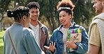 Friends, students and outdoor for chat with books, literature discussion and opinion on syllabus. People, talking and break on university campus for brainstorming, group activity and higher education