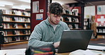 Student, thinking and man with laptop, typing and problem solving with education, university and knowledge. College, person or guy with computer, studying and research for project, network or library