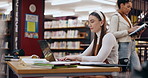 Student, typing and woman in library, pc and typing with education, problem solving and knowledge. College, person and girl with computer, university and research for project, network and assignment