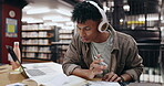 Student, reading and books with man in library for knowledge, education and college thesis. Academy, future and university with person and studying on campus for exam, project and scholarship