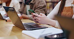 Research, phone and laptop with hands of woman in library for knowledge, education and college thesis. Academy, future and university with person and studying for exam, project and scholarship
