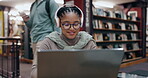 Girl, student and headphones with laptop in library for assignment essay, study music and exam research. University, african person and happy with technology for online course, dancing and education