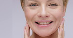 Face, female person and aging with wrinkles, transformation and results in before and after. Woman, portrait and dermatology as passage of time for product, benefits and skincare on white background