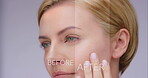 Woman, aging and versus with skincare in studio for before and after, wrinkles process and facial treatment. Female person and compare with passage of time, dermatology change and purple background