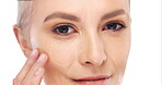 Face, mature woman and anti aging in zoom with wrinkles, transformation or results in before and after. Female person, dermatology and collagen for cosmetics, benefits or skincare on white background