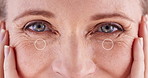 Antiaging, beauty and eyes of mature woman closeup in studio for cosmetic skincare treatment. Face, smile and zoom with wrinkles of person at salon or spa for collagen, dermatology or wellness