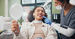 Dental, mirror or girl with dentist for results, cavity or gum disease in consultation for help. Advice, talking or client with woman for teeth whitening, oral care or treatment for mouth procedure
