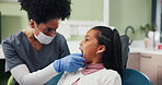 Dental, examination or child with dentist for toothache, cavity or gum disease in consultation. Mask, check or girl client with woman for teeth whitening, oral care or cleaning for mouth procedure
