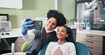 Smile, child and selfie with dentist for dental care, oral hygiene or teeth treatment in pediatric clinic. Orthodontics, happy girl and picture of kid for health, learning or photo for wellness blog