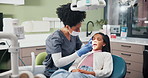 Light, check or child with dentist for tooth extraction, cavity or gum disease in consultation. Dental, help or girl with woman for teeth whitening, oral care or cleaning treatment in mouth procedure