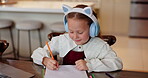 Headphones, drawing and child in home school for learning, distance education or studying. Art, girl and student listening to music for virtual lesson, online class and coloring for creative homework