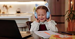 Elearning, laptop and happy child listening to music for distance education, audiobook or home school. Computer, girl and excited student with headphones for virtual lesson, radio or streaming online