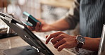 Hands, cafe and tablet for online order, menu and checkout in bar, store or restaurant as barista. Person, tech and payment in sales, customer service or retail with pos machine as waiter or manager