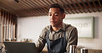 Man, barista and laptop with sale, stress or menu in bar, store or restaurant as small business. Male person, tech and glitch for online order, customer service or retail in cafe as waiter or manager