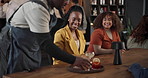 Hands, waiter and cocktail tray for service, catering and celebrate new year party at pub. Glasses, drinks and bartender serving group of customers or people on table for alcohol order on happy hour