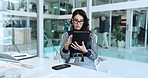 Tablet, internet and business woman in office for working on planning, project and online research. Corporate, professional and worker on digital tech for networking, website review and reading email