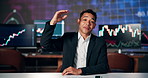 Man, talking or paper with advice for stock market, financial news or information in trade. Broadcast, portrait or reporter with document for economy growth, investment opportunity or video call POV
