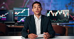 Man, talking or paper with information for stock market, financial news or update for trade. Broadcast, portrait or reporter with document for economy growth, investment opportunity or video call POV