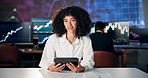 Woman, talking or tablet with information for stock market, financial news or update for trade. Broadcast, portrait or reporter with tech for economy growth, investment opportunity or video call POV