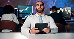 Man, talking or tablet with information for stock market, financial news or update for trade. Broadcast, live stream or reporter with tech for economy growth, investment opportunity or video call POV