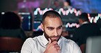 Man, trading and reading at night in office with computer, decision and solution with investment on stock market. Person, trader and finance with insight, thinking and problem solving with stats