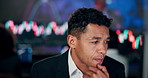 Man, thinking and trading at night in office with computer, frustrated and worry for lost investment on stock market. Person, trader or investor with stress, reading and problem solving with stats