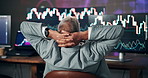 Mature man, trading and back with computer, relief and success with investment, charts or done in office. Person, trader and relax with pc, graphs and stats for profit, finance or money at workplace