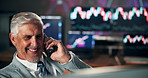Phone call, businessman or happy in office for stock market, investment opportunity or financial growth. Mature trader, smile or talk on mobile for feedback, news or advice for cryptocurrency profit