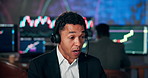 Man, headphones and trading at call center for stock market with talk, tech support and financial advice at night. Person, trader or consultant with mic, computer and info for customer service at job