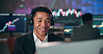 Man, headset and trading at call center for stock market with smile, tech support and financial advice at night. Person, trader or consultant with mic, computer and happy with customer service at job