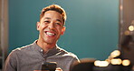 Face, man and radio presenter in studio with smartphone for social media interaction, online listeners and live streaming. Person, portrait and happy with phone for podcast, broadcasting or talk show