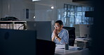 Computer, night and thinking with business man in office for administration, report or research. Information, reading and problem solving with employee in workplace for late evening development