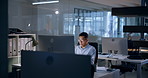 Computer, night and businessman in office with deadline for financial report with international client. Finance, technology and male actuary with investment revenue analysis for budget allocation.