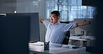 Computer, night and stretching with business man at desk in office for administration or deadline. Thinking, tired and yawning with exhausted design employee at creative workplace in late evening