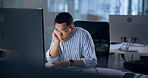 Computer, fatigue and night with business man at desk in office for administration or deadline. Break, rest and sleeping with tired design employee in creative workplace for late evening overtime