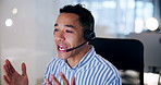 Call center, headset and man advisor in office for online crm with outbound consultation. Talking, audio tech and customer service agent with debt collection for banking loan payment in workplace.