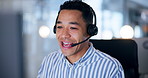 Call center, headset and man consultant in office for online crm with outbound consultation. Talking, audio tech and customer service agent with debt collection for banking loan payment in workplace.