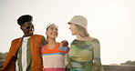 Outdoor, friends and walking with bonding for fashion, streetwear and stylish clothes for summer break. Happy people, women and man with hug for connection, laughing together and hipster in bridge