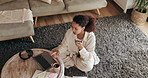 Woman, laptop or speaker with phone above for audio recording, communication or remote work at home. Top view, female person or freelancer talking with loudspeaker on mobile smartphone for voice note