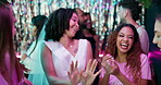 People, bridal shower and dancing with happiness for celebration, bachelorette party and support. Group, women and having fun in night club for confidence, love or together for engagement or wedding