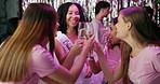 Women, champagne and toast with drink, celebration and get together for bachelorette event. Excited, friends and smile with love, support and happy for wedding and future commitment with group wine