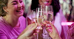 Friends, champagne and toast with party, celebration and get together for bachelorette event. Excited, woman and smile with love, support and happy for wedding and future commitment with group wine