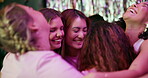 Bachelorette party, hug and music with friends of bride in nightclub together for celebration. Dance, energy and smile with group of happy woman group at social event for entertainment or fun