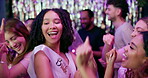 Bachelorette party, dance and fun with friends of bride in nightclub together for celebration. Dancer, energy and music with group of happy woman group at social event for entertainment or fun