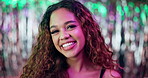 Face, smile and woman at party, disco or nightclub for festive new year celebration. Portrait, happy girl and social event for relax, leisure or holiday at rave with streamers on background in Brazil