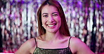 Face, smile and woman at party, disco or nightclub for festive new year celebration. Portrait, happy girl and social event for relax, leisure or holiday with glitter background for sparkle in Germany