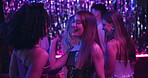 Friends, girls and energy with dancing at nightclub for disco event, peace sign movement and fun together. Women, people and happy with bonding, celebration and entertainment at social gathering