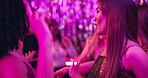 Friends, women and energy with dancing at nightclub for disco event, peace sign movement and fun together. Girls, people and happy with bonding, celebration and entertainment at social gathering