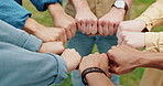 Fist bump, hands together and teamwork in synergy or huddle for university education or study. Group of people, connection and collaboration with students for community, motivation and project in usa