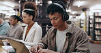 Man, student and typing on laptop in library for writing assignment essay, study music and exam research. University, group and headphones with technology for online course, radio audio and thinking
